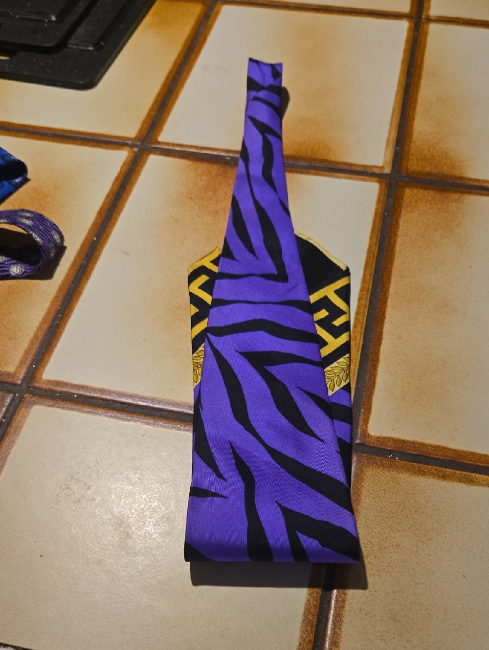 Versace Purple and Black Zebra-Print Tie with Gold Accent